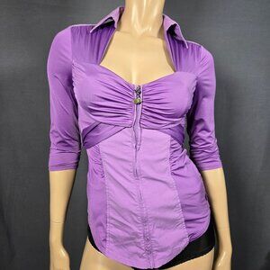 Y2K Zip Up Tie Back Blouse Office Siren Whimsigoth Size S Purple Fitted Ruched